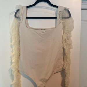 Free People Cream Bodysuit with Sheer Ruffle Sleeves